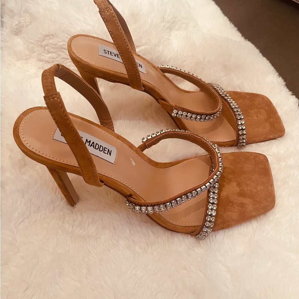 Steven Madden, camel colored, rhinestone strap sandals.